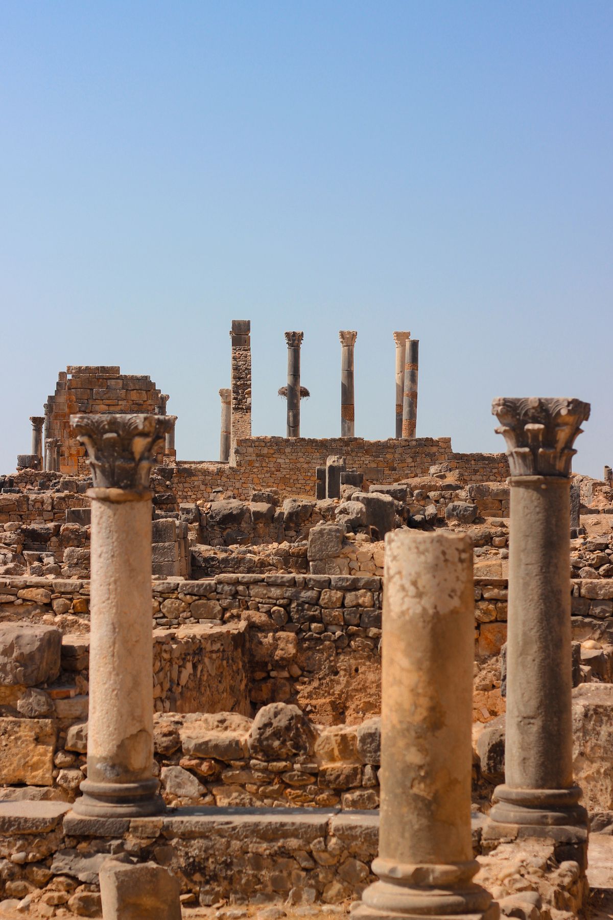Roman ruins and stone columns at Volubilis near Meknes